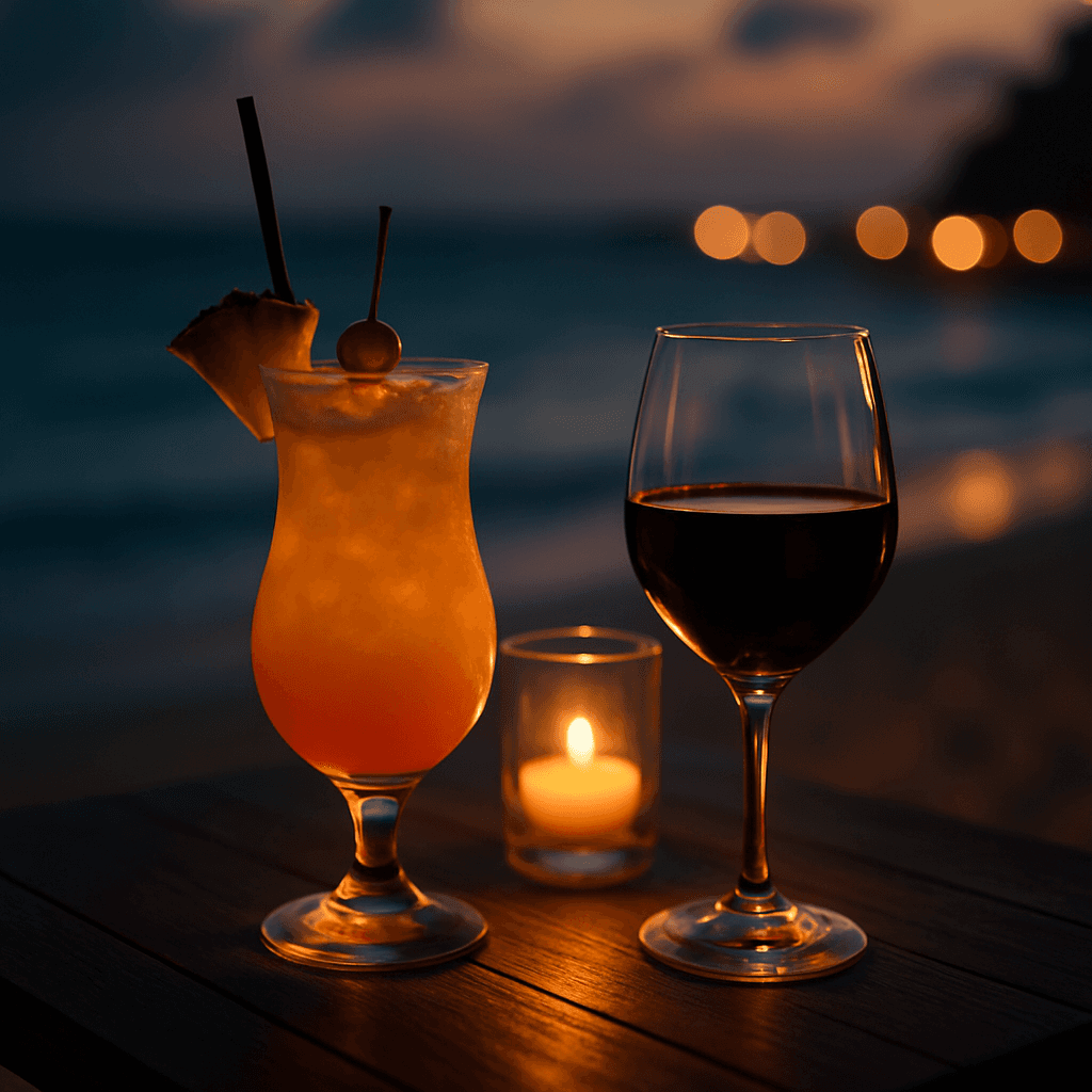 A cocktail and a glass of wine at sunset by the beach, bar mood
