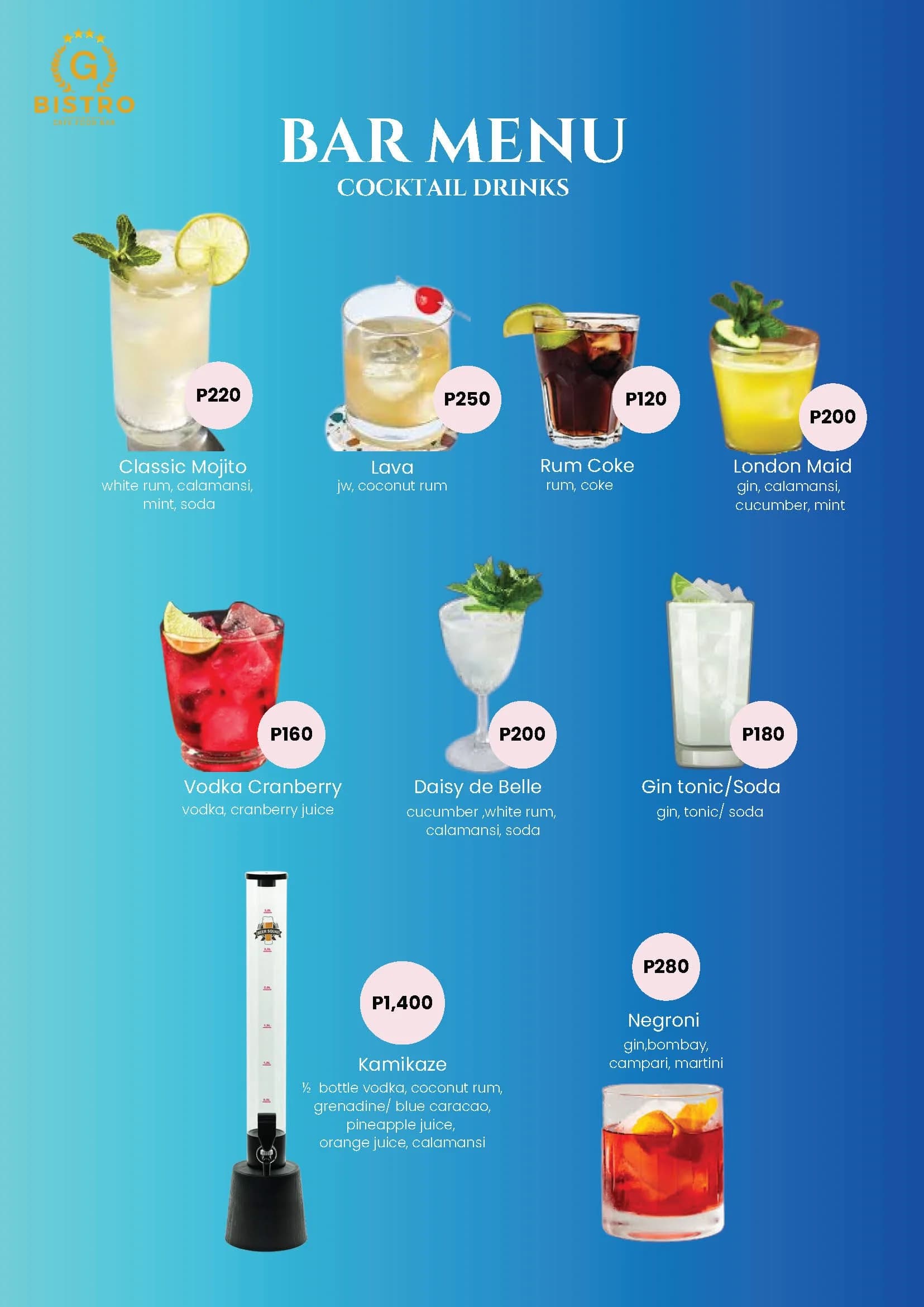 G Bistro menu, page 14