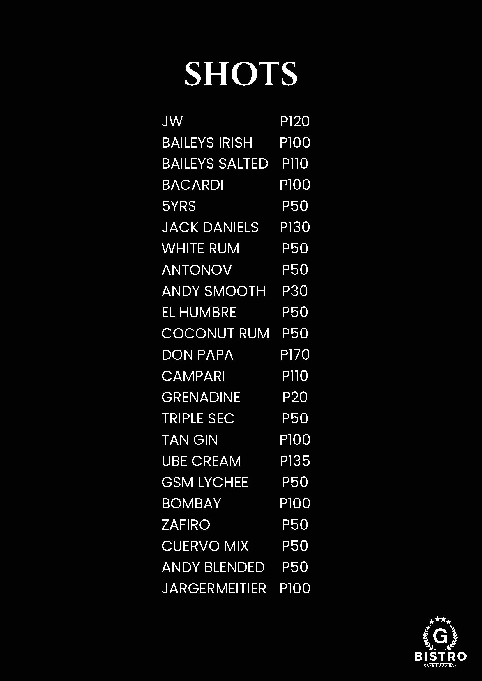 G Bistro menu, page 15