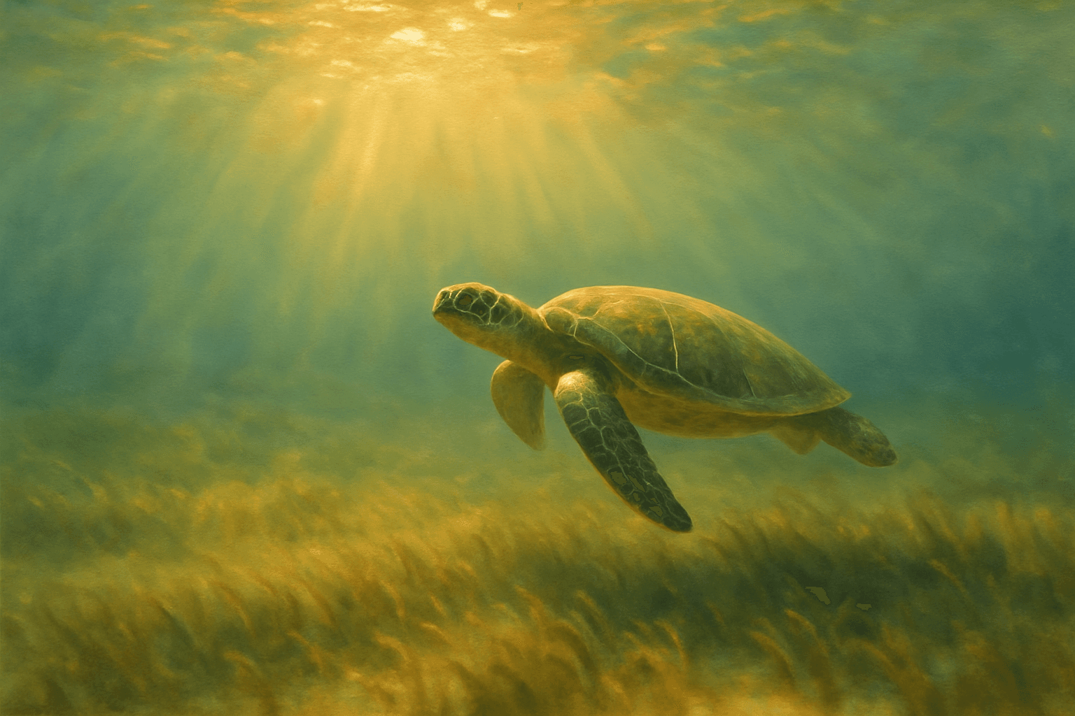 A green sea turtle gliding over Cebu seagrass and reef texture at dawn - an artist's impression