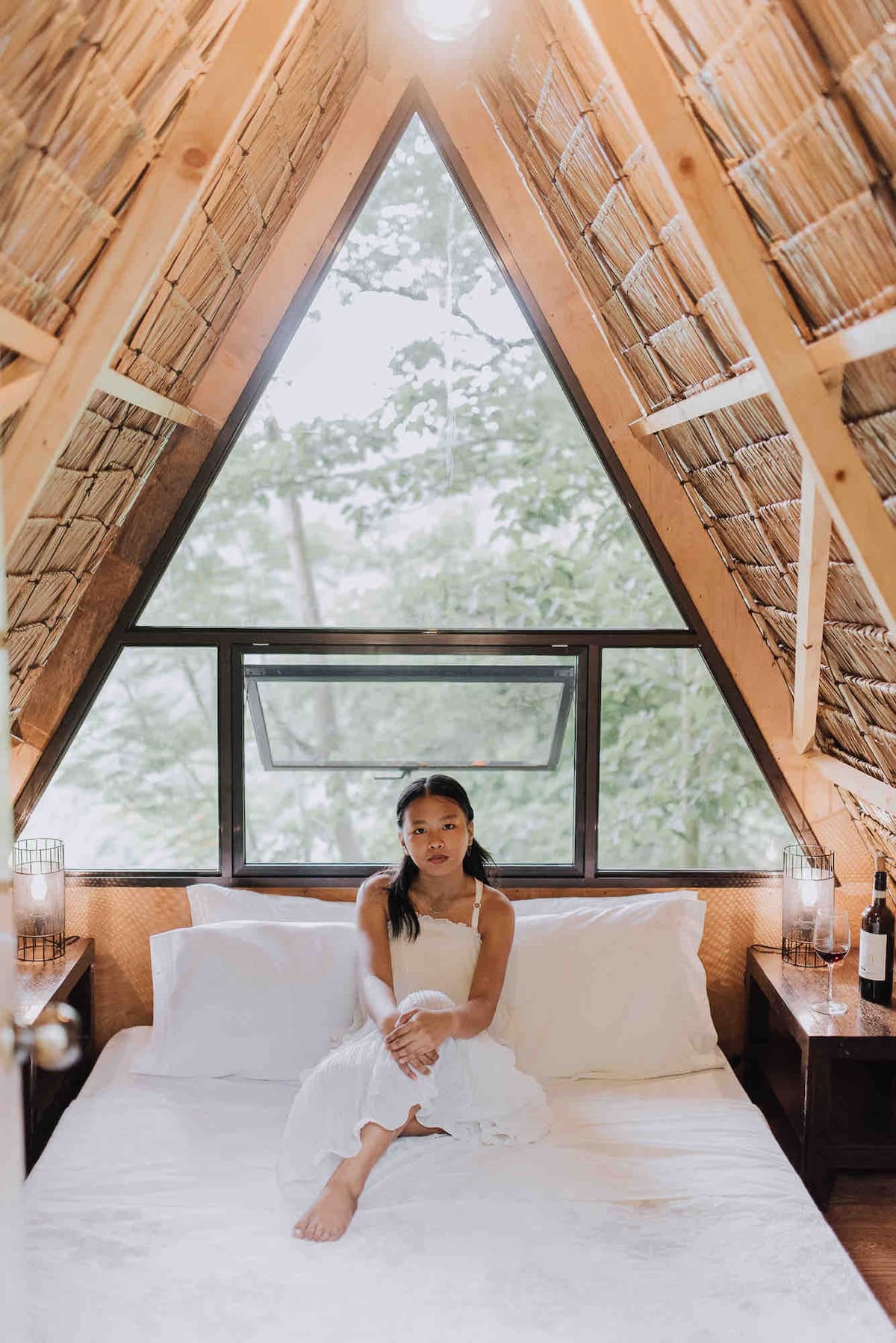 A wood-lined A-frame treehut interior with a triangular window onto the forest